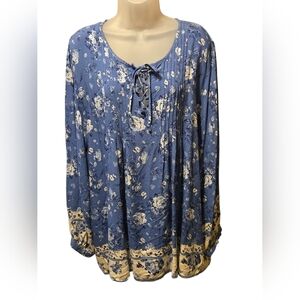 Suzanne Betro Boho Blue And White Floral, Pleated Lace-Up Blouse